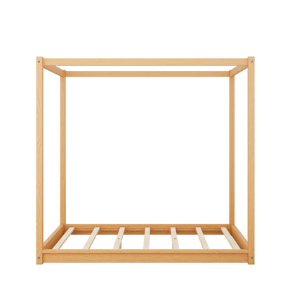 Modern Queen Size 4-Poster Canopy Bed Frame in Natural Wood Finish - WoodArtSupply