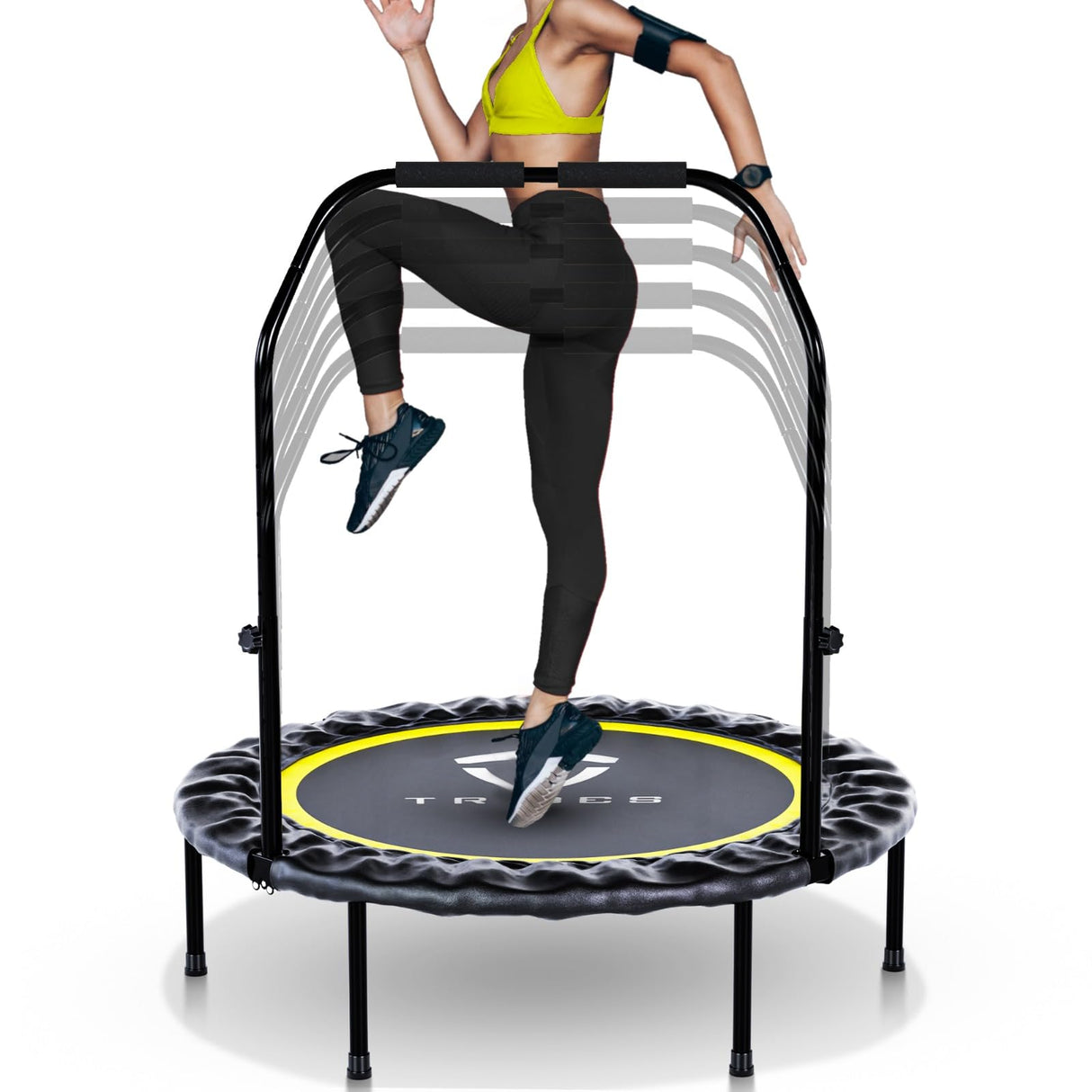 Tribes Foldable Mini Trampoline for Adults and Kids, Rebounder with Adjustable Bar and Nonslip Feet, 330lbs Max Capacity, Indoor Outdoor Fitness Equipment TRIBES