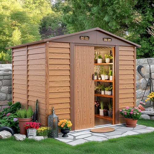 HAPPATIO 8x6' Outdoor Storage Shed, Wood Grain Galvanized Metal Shed with Double Sliding Doors, Foundation, Tool Storage Sheds for Garden, Patio, Backyard - WoodArtSupply