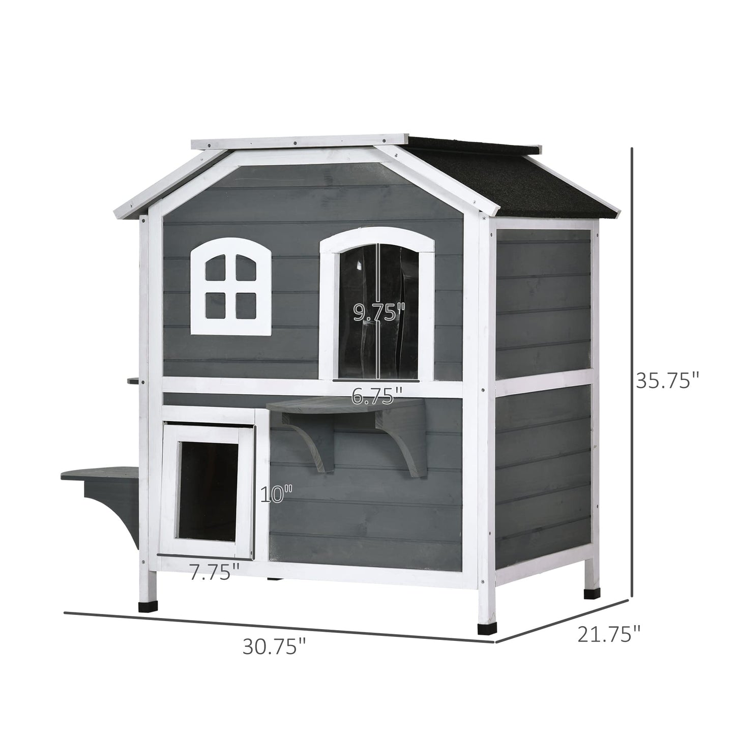 PawHut 2-Story Cat House Outdoor, Weatherproof Wooden Cat Enclosure for Feral Cats with Escape Door, Openable Roof, Jumping Platforms, Gray - WoodArtSupply