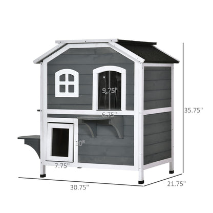 PawHut 2-Story Cat House Outdoor, Weatherproof Wooden Cat Enclosure for Feral Cats with Escape Door, Openable Roof, Jumping Platforms, Gray - WoodArtSupply