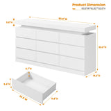 Garvee 9 Drawer Dresser for Bedroom - 63” Wide Chest of Drawers with LED Light and Charging Station, Large TV Stand Multi-Function Home Organizer for Living Room, Entryway, Hallway, White Garvee