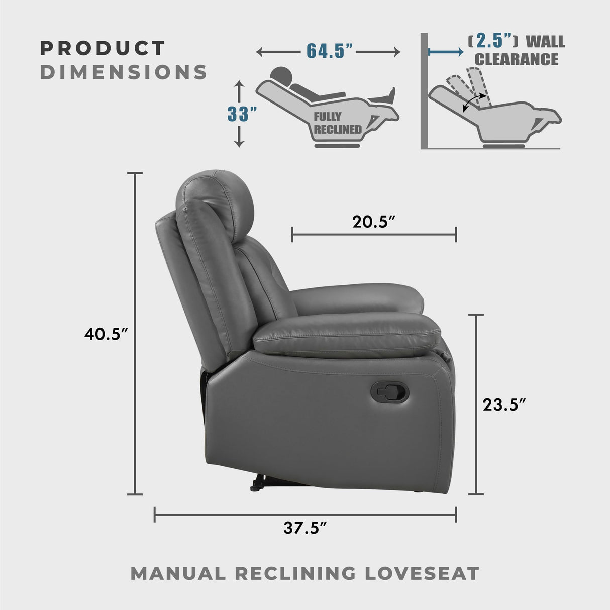 Lexicon Reclining Sofa for Living Room, Double Recliner RV Couch, Manual Wall Hugger Recliner, Home Theater Seating Leather Match Reclining Sofa with Pillow Top Armrests, 62.5''W Loveseat, Dark Grey Lexicon