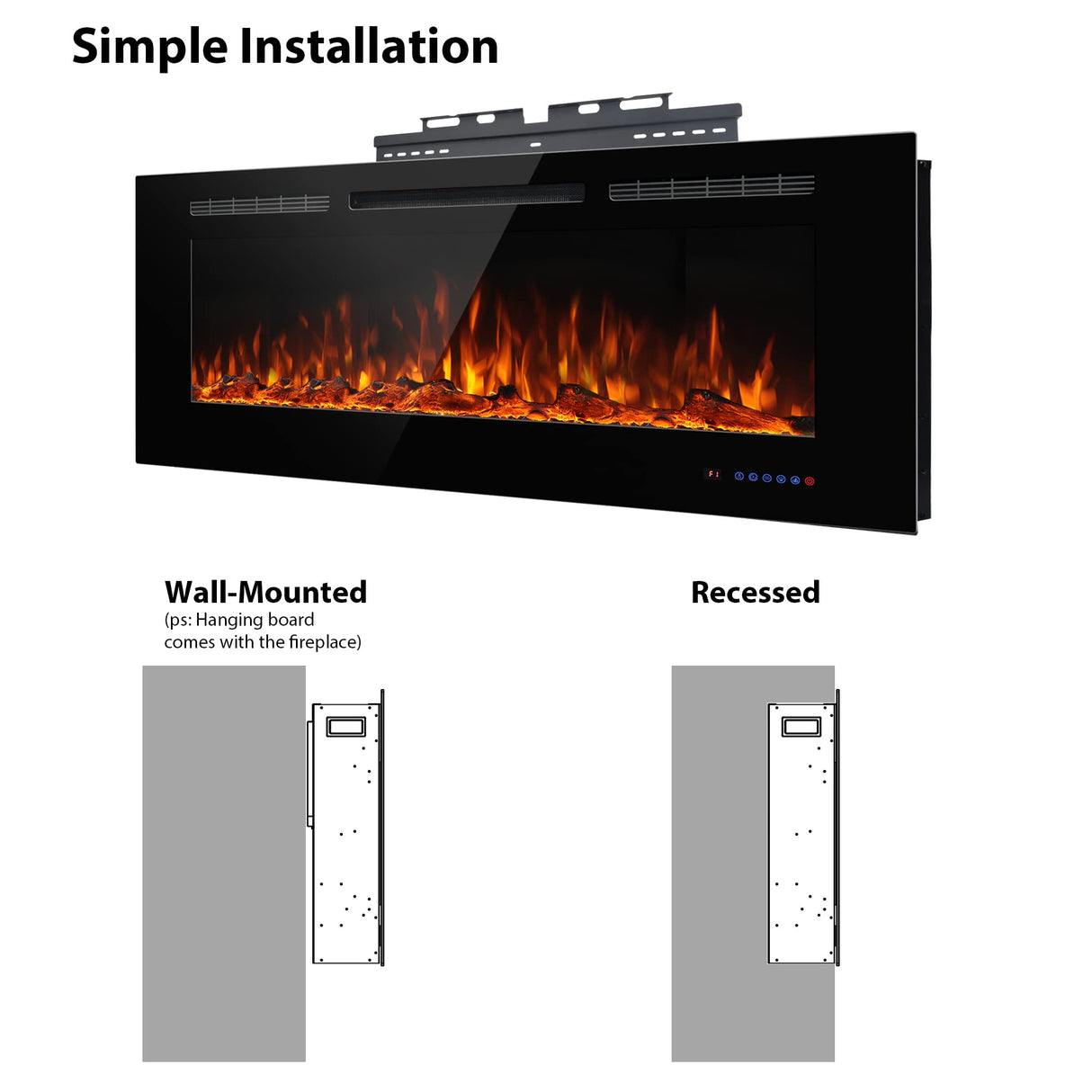 Dreamflame Electric Fireplace 60inches, Wall-Mounted & Recessed Fireplace Inserts, Multicolor Flame w/5 Dimmer, Remote Control Thermostat, Timer, Overheating Protection, Hardwire Connect, 1500W,Black Dreamflame