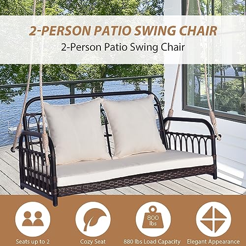 Tangkula Outdoor Wicker Porch Swing, 2-Person Hanging Seat with Seat & Back Cushions, Heavy-Duty Metal Frame & 2 Sturdy Hanging Ropes, Wicker Woven Swing Loveseat for Front Porch, Backyard (Off White) Tangkula