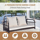 Tangkula Outdoor Wicker Porch Swing, 2-Person Hanging Seat with Seat & Back Cushions, Heavy-Duty Metal Frame & 2 Sturdy Hanging Ropes, Wicker Woven Swing Loveseat for Front Porch, Backyard (Off White) Tangkula