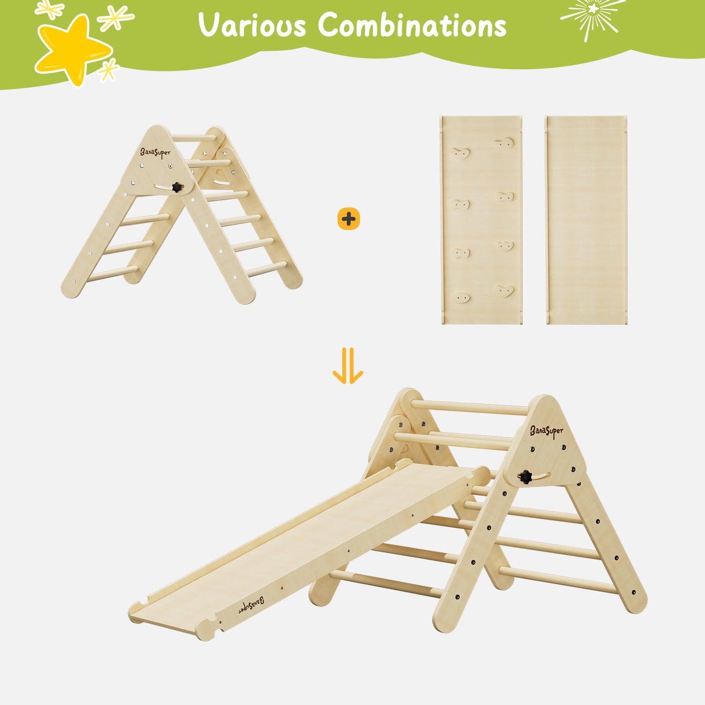 BanaSuper Foldable Pikler Triangle Climber with Ramp 2-in-1 Wooden Climbing Triangle Set with Ladder & Slide Montessori Climbing Toys for Toddler Kids Indoor Playground Play Gym Gift for Boys Girls