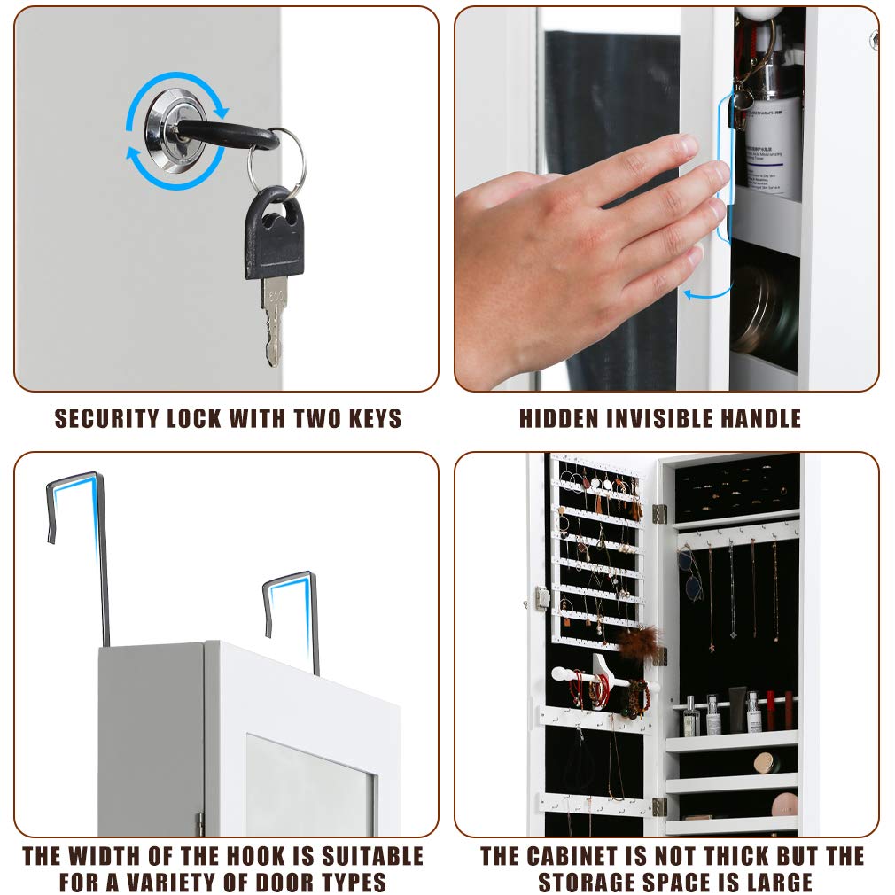 FDW Jewelry Cabinet 47.3" H Wall/Door Mounted Lockable Jewelry Armoire Organizer with Mirror With 2 Drawers 6 Shelves 43.3"×10.6" Mirror High Capacity Jewelry Organizer (White) FDW