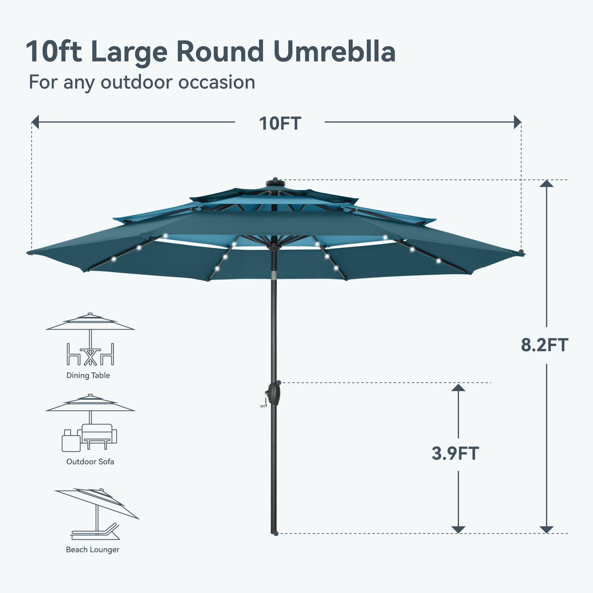 PHI VILLA 10ft Patio Umbrella with Solar Lights, Outdoor 3 Tier Vented Large Market Table Umbrella with 8 Sturdy Ribs and 1.5" Umbrellla Pole for Lawn Poolside Garden Terrace, Peacock Blue & Cerulean PHI VILLA