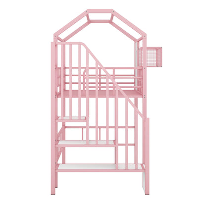 SOFTSEA Loft Bed Twin Size with Stairs & a Storage Box, House Shaped Stairway Metal Loft Bed with Guardrail & Roof Design, Pink