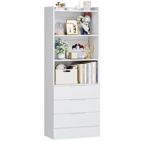 Hasuit Tall Bookshelf with Drawers Bookcase with 3 Drawers and 3-Tier Open Shelves Tall White bookshelf with Anti-Tipping Kits Wood bookshelf with Storage for Study Living Room Kitchen Bathroom, White Hasuit
