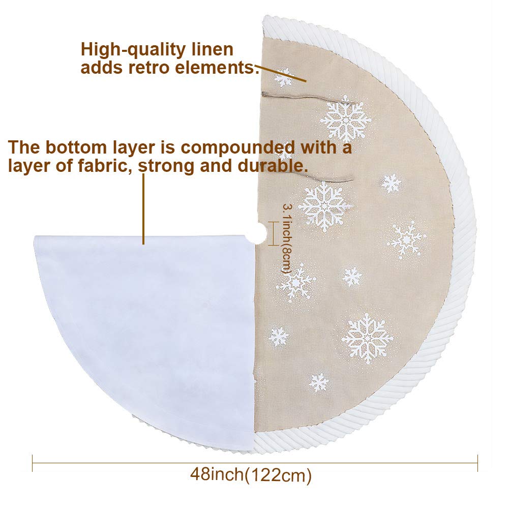 AerWo 48inch Christmas Tree Skirt with White Snowflake, Burlap Tree Skirt with Fur Sides Farmhouse Christmas Tree Skirts for Xmas Decor Festive Holiday Decorations Indoor Outdoor AerWo