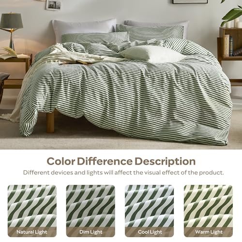 JELLYMONI 100% Natural Cotton 3pcs Striped Duvet Cover Sets,White Duvet Cover with Green Stripes Pattern Printed Comforter Cover,with Zipper Closure & Corner Ties(Full Size) JELLYMONI