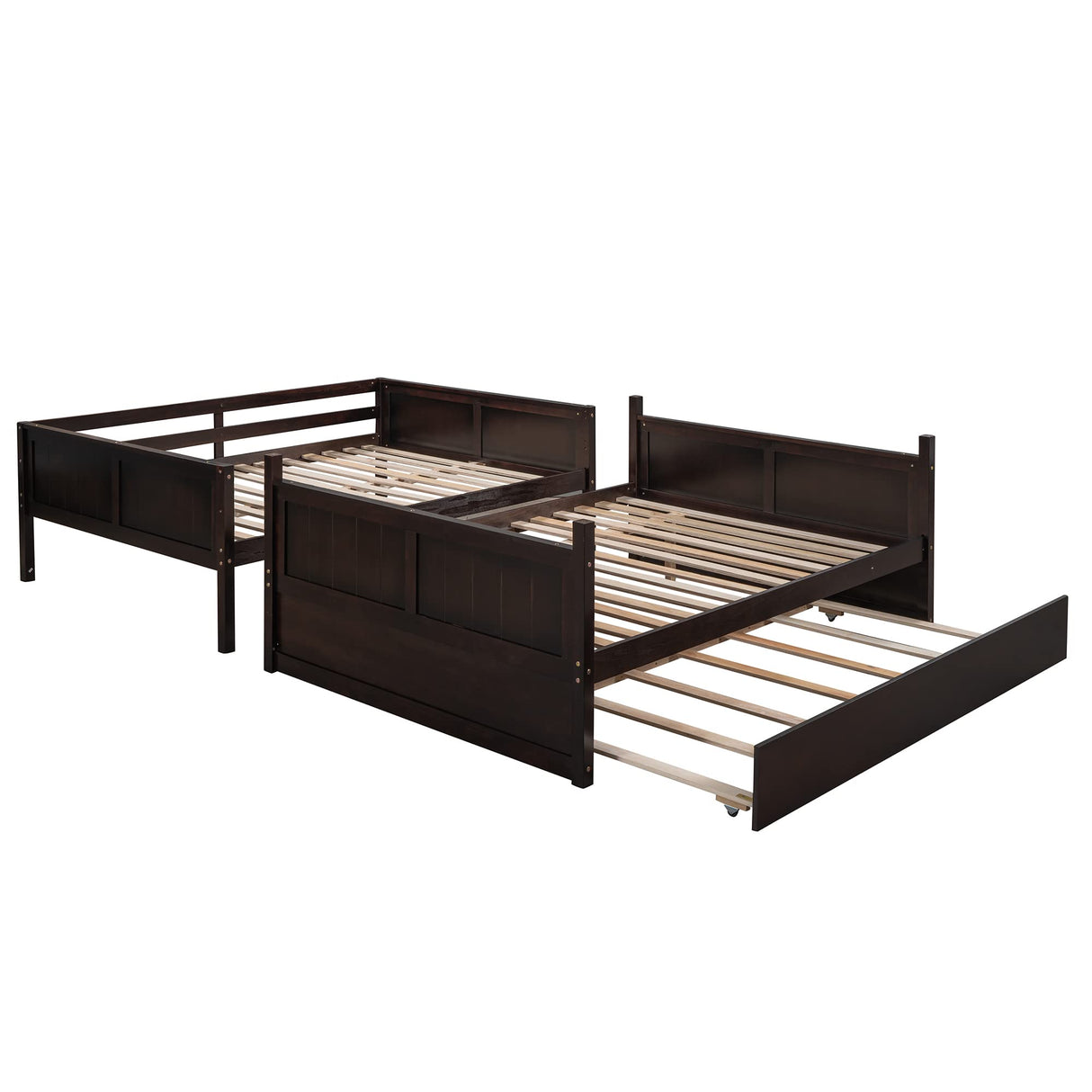 Merax Full Over Full Bunk Bed with Trundle,Wooden Trundle Bed Frame with Ladder Safety Guardrail,Convertible to 2 Platform Beds for Kids Teens,Espresso Merax