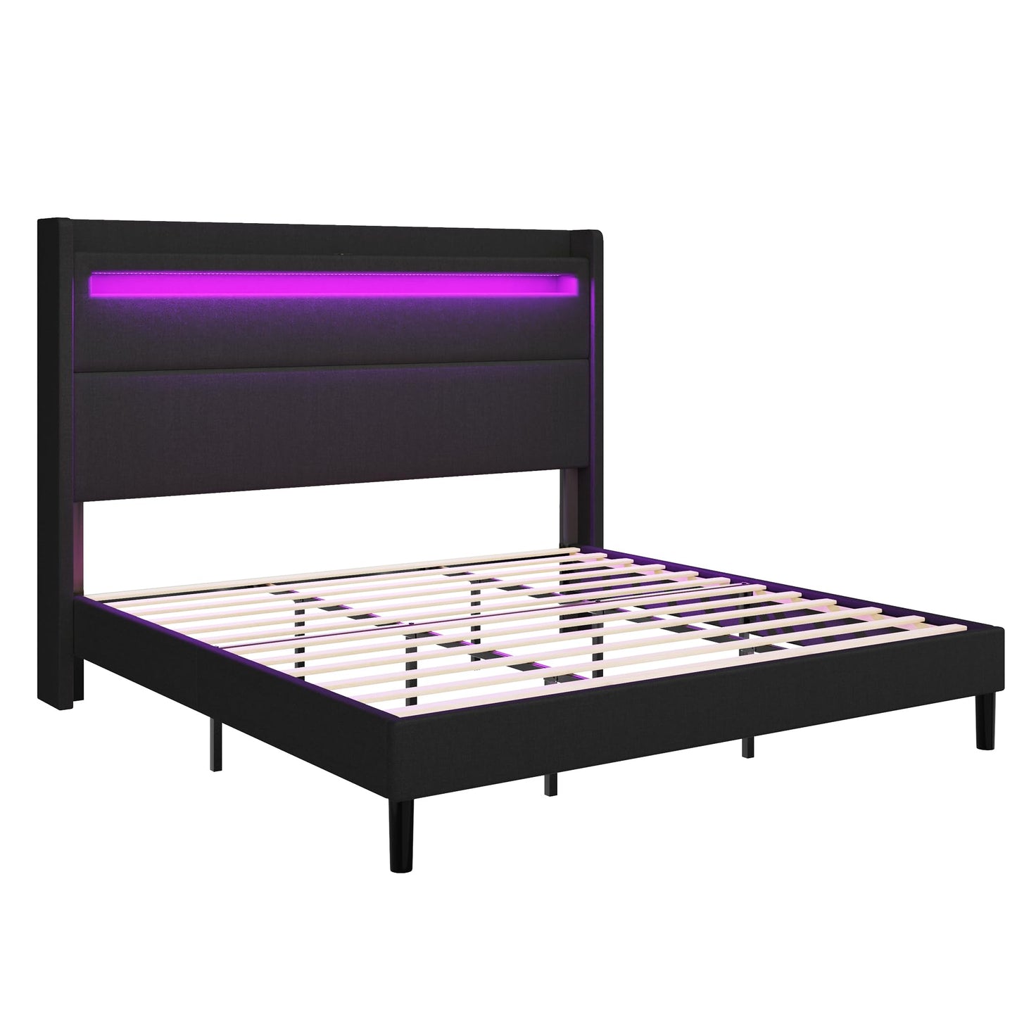 AMERLIFE LED Wingback King Bed Frame with USB Ports & Storage in Black - WoodArtSupply