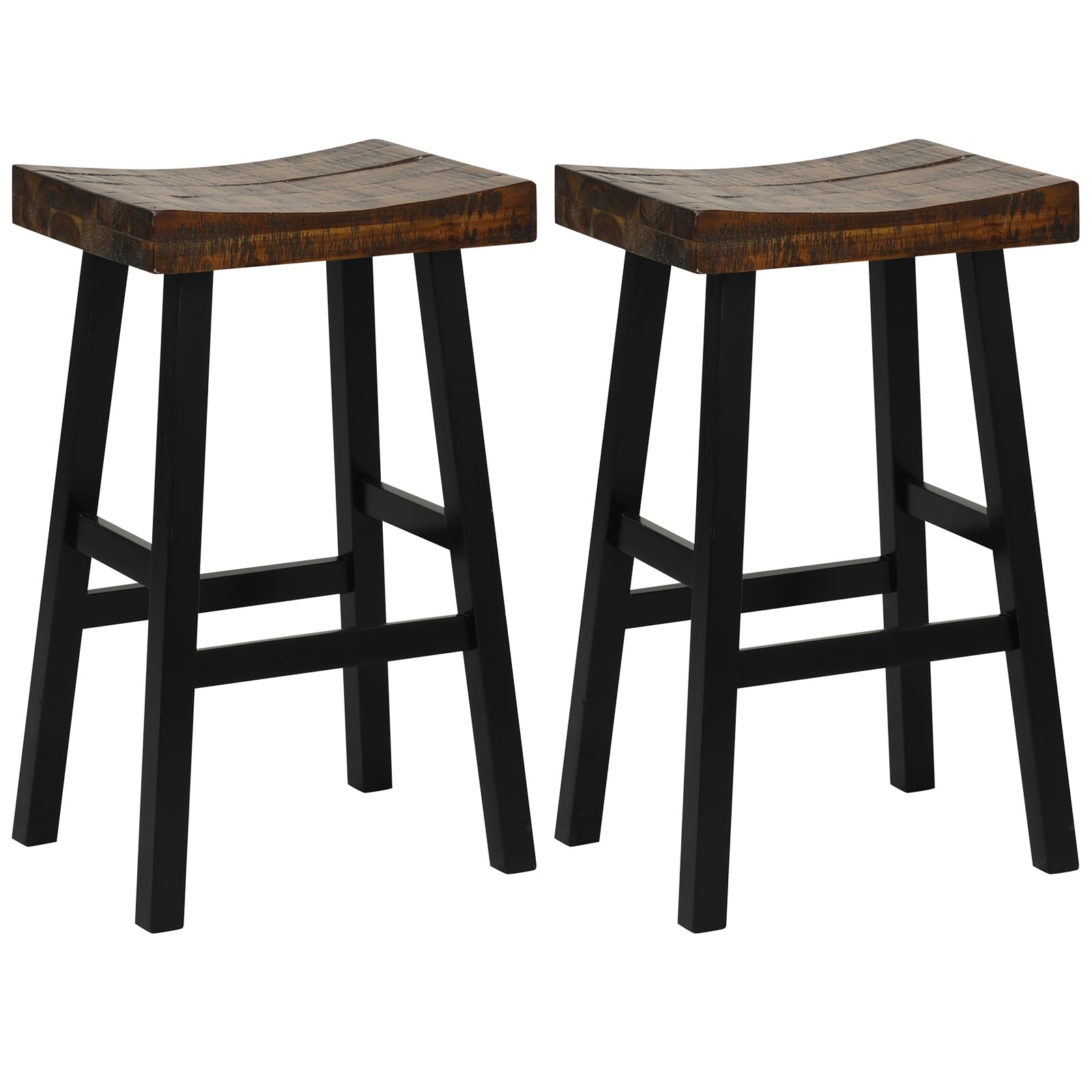 COSTWAY Wooden Saddle Stools Set of 2, 29-inch Bar Height Stools with Curved Seat Surface, Rubber Wood, Acacia Wood, Footrests, Kitchen Island Counter Stools for Restaurant Cafe Pub, Brown+Bl - WoodArtSupply