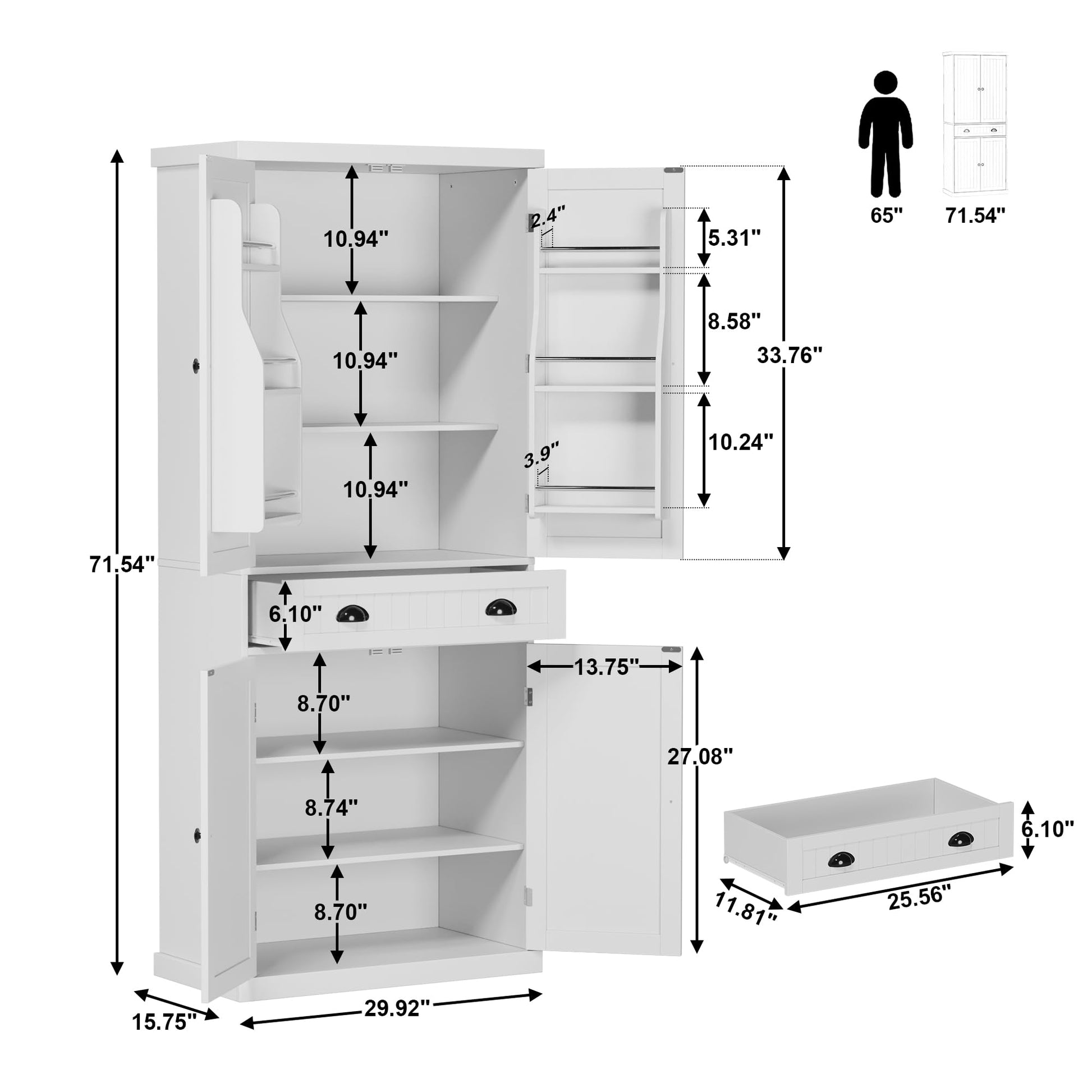 HOME BI 72'' Tall Kitchen Pantry Cabinet, Farmhouse Storage Cabinet with 4 Doors, Drawer and Adjustable Shelf, Freestanding Wooden Cupboard Buffet for Dining Room Living Room, White - WoodArtSupply