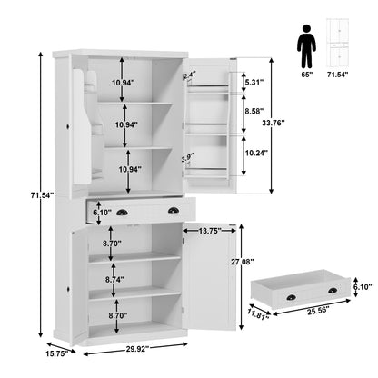 HOME BI 72'' Tall Kitchen Pantry Cabinet, Farmhouse Storage Cabinet with 4 Doors, Drawer and Adjustable Shelf, Freestanding Wooden Cupboard Buffet for Dining Room Living Room, White - WoodArtSupply