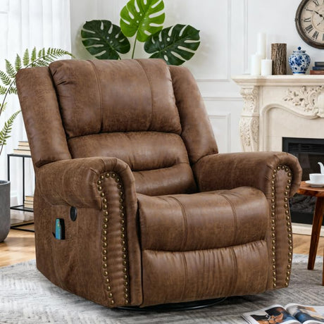 SOCIALCOMFY Swivel Rocker Recliner Chair with Heat and Vibration, 360° Swivel Glider Rocker Manual Reclining Chair, Massage Rocking Recliners with Side Pockets & USB Ports for Living Room, Nut Brown SOCIALCOMFY