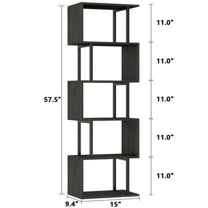 Furologee 6-Tier S-Shaped Geometric Bookshelf in Light Black Oak - Tall Industrial Display and Storage Shelf - WoodArtSupply