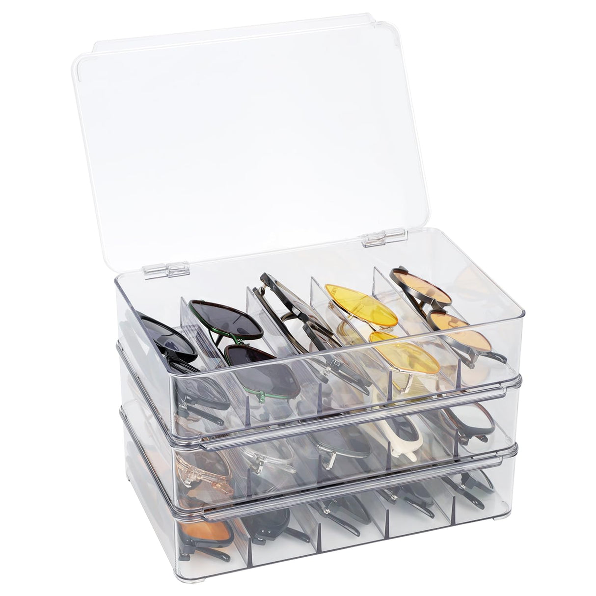 FORUP Sunglasses Organizer, Plastic Stackable Eyeglass Case Storage Organizer, Sunglass Glasses Storage Box with Hinged Lid, 5 Sections, 3 Pack, Clear FORUP