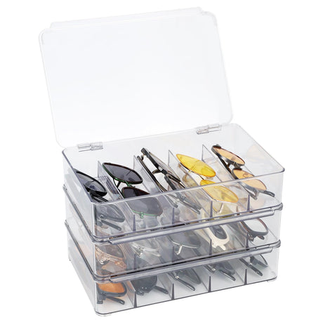 FORUP Sunglasses Organizer, Plastic Stackable Eyeglass Case Storage Organizer, Sunglass Glasses Storage Box with Hinged Lid, 5 Sections, 3 Pack, Clear FORUP