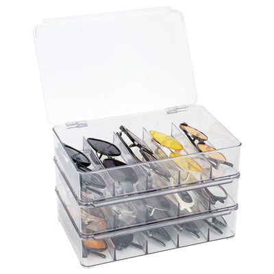 FORUP Sunglasses Organizer, Plastic Stackable Eyeglass Case Storage Organizer, Sunglass Glasses Storage Box with Hinged Lid, 5 Sections, 3 Pack, Clear