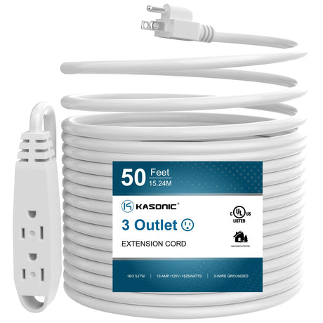 50-Feet 3 Outlet Extension Cord, Kasonic UL Listed, 16/3 SJTW 3-Wire Grounded, 13 Amp 125 V 1625 Watts, Multi-Outlet Indoor/Outdoor Use, White K KASONIC