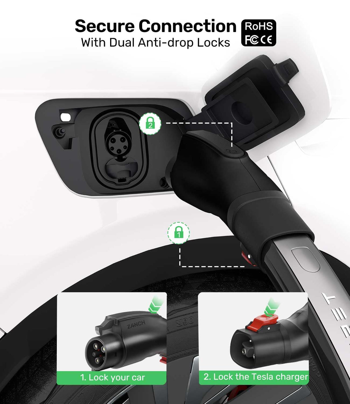 Zanch Tesla to J1772 Adapter, [Military-Grade Quality], Designed for J1772/CCS1 EVs, Max 60A & 250V AC, Compatible with Level 2 Tesla Wall Connector, Mobile Connector, Destination Station - Black Zanch