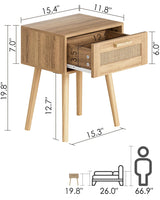 Aienvey Rattan Nightstand, Small Night Stand, Side Table with Drawer Open Shelf, Cane Accent Bedside End Table with Wood Legs, Bohemian Wood Nightstand for Bedroom, Oak (Bohemian) Aienvey