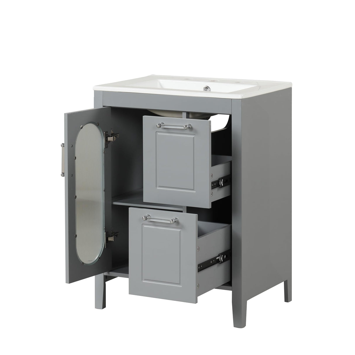 Harper & Bright Designs 24" Bathroom Vanity with Sink, Free Standing Single Basin Vanity Set with Two Drawers and Glass Door, Modern Wooden Bathroom Cabinet with Ceramic Basin for Bathroom, Grey Harper & Bright Designs