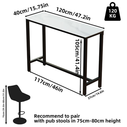 Wisfor High-Top Sintered Stone Bar Table with Black Metal Frame - Stylish White Rectangle Dining Table for Narrow Spaces - WoodArtSupply