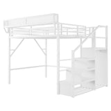 FEIOMKSS Queen Size Loft Bed with Stairs and Storage Metal Loft Bed Frame with Bedside Shelf and Large Under-Bed Space, Heavy-Duty Bed for Adults (White+Iron, Queen) FEIOMKSS