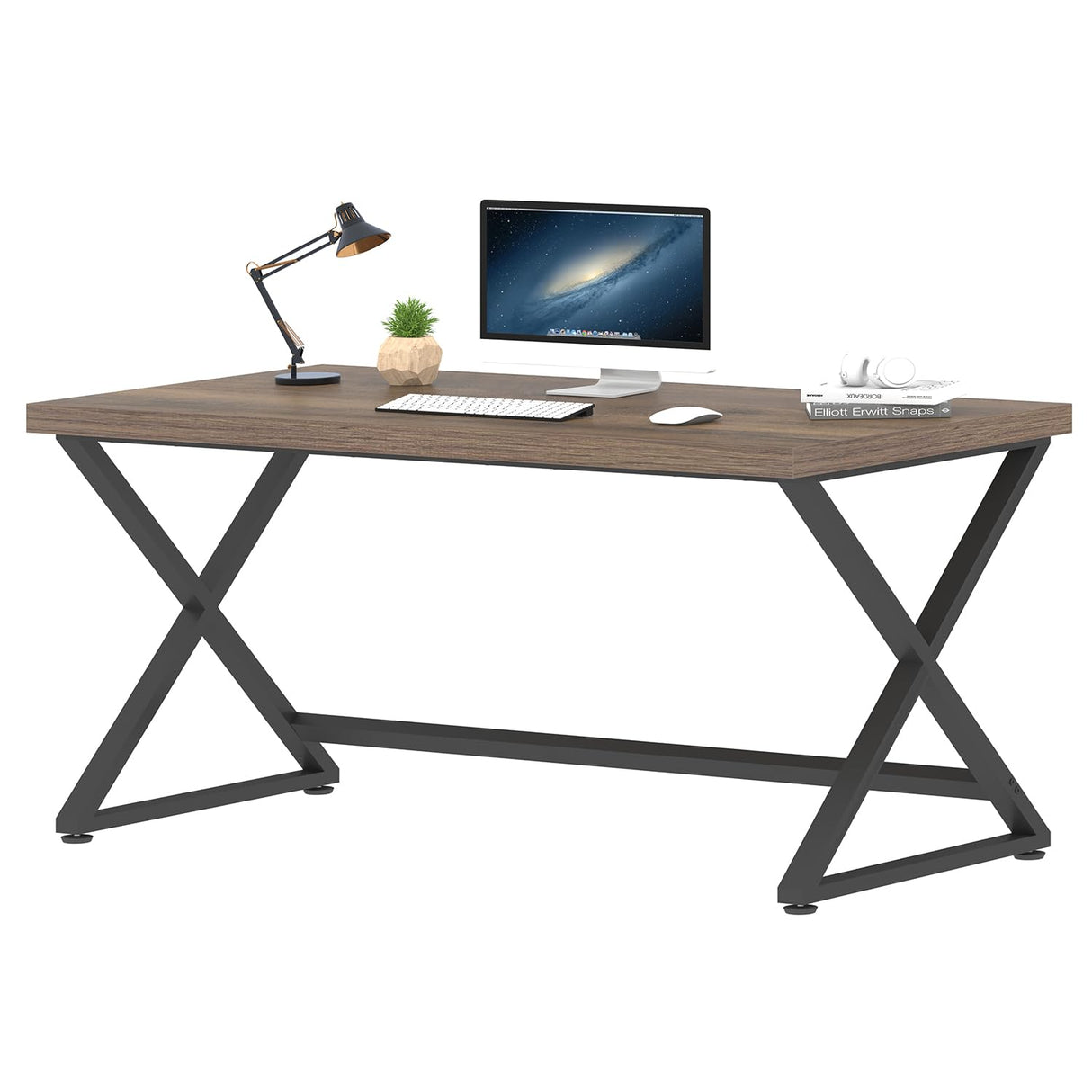 IBF Rustic Computer Desk, Modern Metal Home Office Desk, Farmhouse Work Study Writing Desk in Bedroom, Minimalist Wood Laptop Executive Workstation Computer PC Gaming Table, Rustic Oak, 55 in IBF