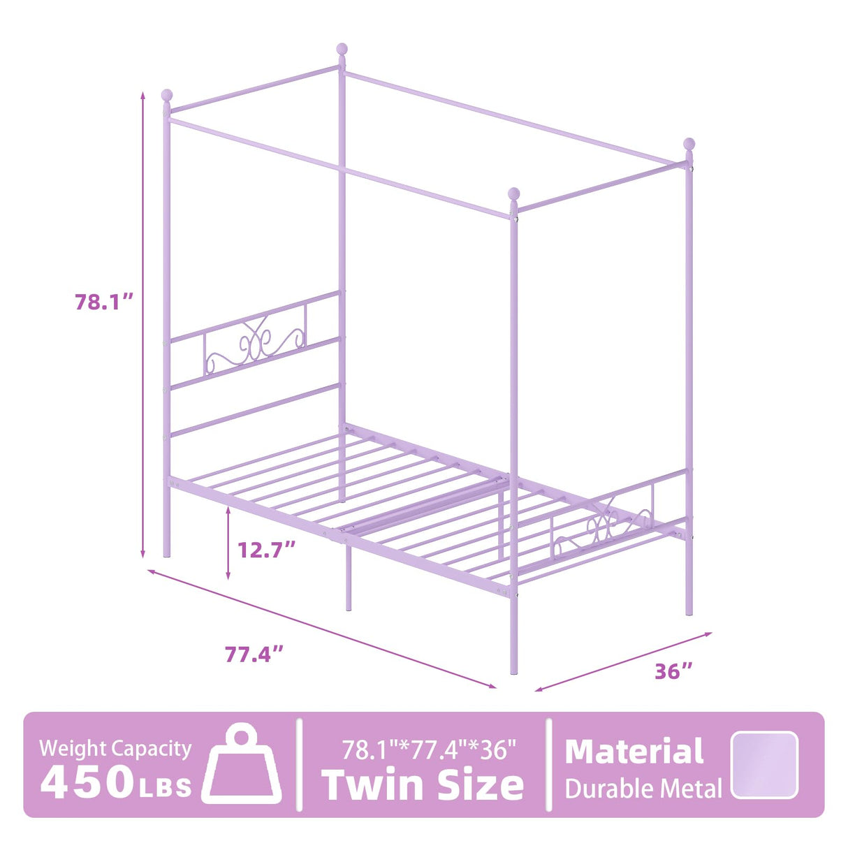 Weehom Twin Canopy Bed Frame with Headboard and Footboard, 4 Posters Metal Bed Frame, No Box Spring Needed, Mattress Foundation Platform Bed for Kids and Adults, Purple Weehom