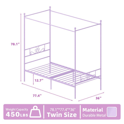 Weehom Twin Canopy Bed Frame with Headboard and Footboard, 4 Posters Metal Bed Frame, No Box Spring Needed, Mattress Foundation Platform Bed for Kids and Adults, Purple