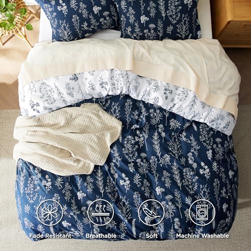 Bedsure Twin/Twin XL Duvet Cover - Reversible Navy Blue Duvet Cover Set with Zipper Closure, 2 Pieces Cute Floral Patterned Bedding Set with 8 Corner Ties and 1 Pillow Sham Bedsure