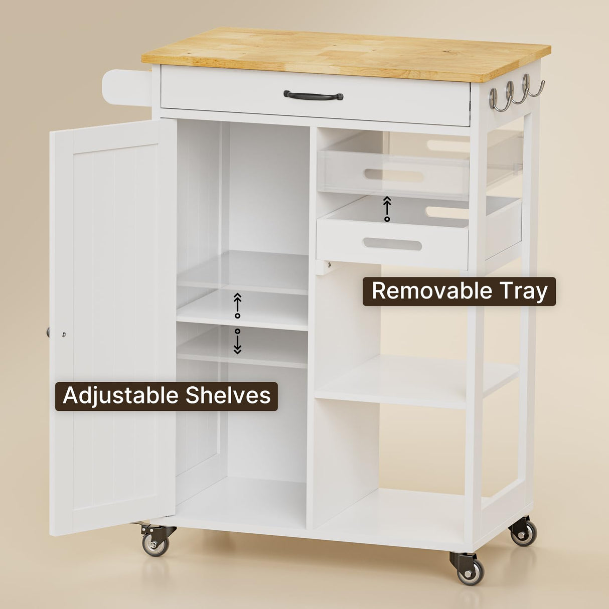 Gizoon Kitchen Island Cart with Removable Tray, 27.6''W Rolling Utility Trolley Cart with Drawer, Cabinet, Towel Rack, Hooks and 3 Open Storage Shelves, Mobile Storage Cart for Dining Room, Bar, White Gizoon