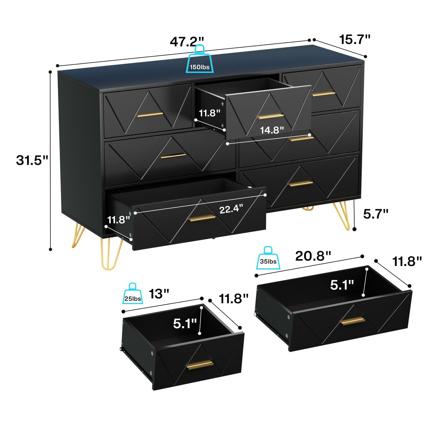 JOZZBY Dresser for Bedroom, 7 Drawer Black Wooden Dresser with Gold Handles, Modern Storage Dressers & Chests of Drawers for Hallway, Entryway