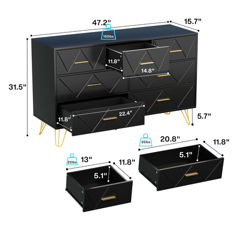 JOZZBY Dresser for Bedroom, 7 Drawer Black Wooden Dresser with Gold Handles, Modern Storage Dressers & Chests of Drawers for Hallway, Entryway JOZZBY