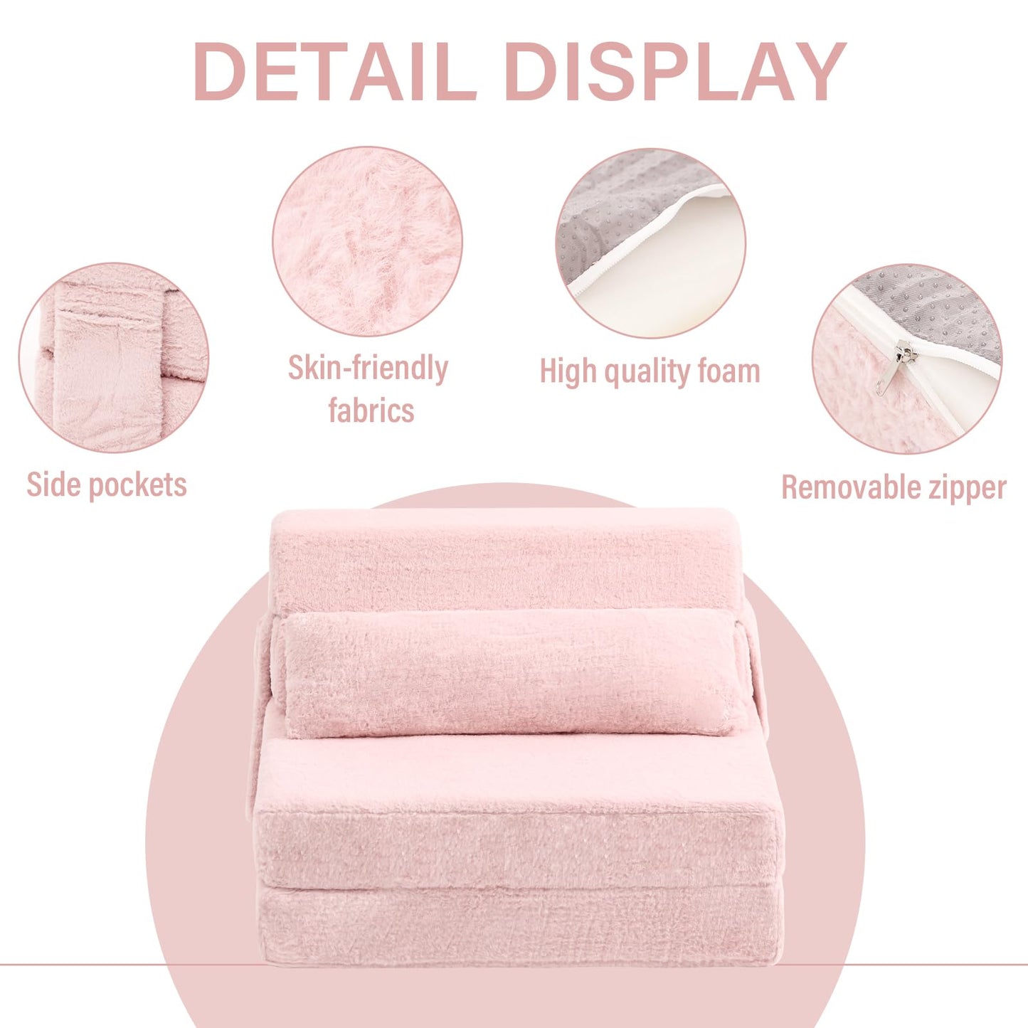 Tiita Folding Sofa Bed with Pillow Single Size Mattress&Plush Fabric with Portable Storage Bag,Floor Lounger Chair Bed for Living Room,Guest Room,Dorm,Apartment,Upstairs Loft,Home Office,Pink