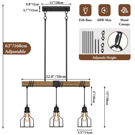 3-Light Kitchen Island Lighting, 63" Adjustable Height Pendant Light Fixtures Black Metal & Rustic Wood Modern Dining Room Linear Chandelier Over Table with E26 Base for Farmhouse Bar LuxiGlowra