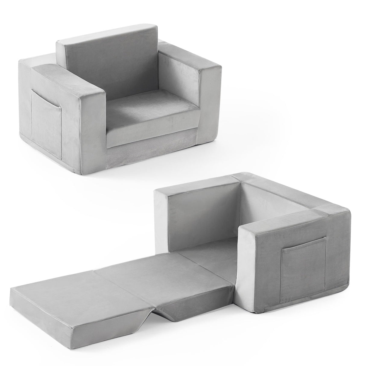 Kids Couch, 2-in-1 Toddler Chair Comfy 1-3 Years Old, Convertible Kids Chair, Toddler Couch That Fold Out, Kid Lounge Chairs for Boys and Girls, Soft Coral Fleece, Grey Zorvoxz