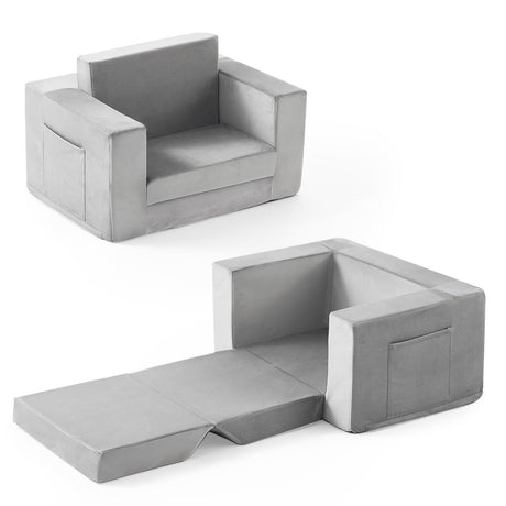 Kids Couch, 2-in-1 Toddler Chair Comfy 1-3 Years Old, Convertible Kids Chair, Toddler Couch That Fold Out, Kid Lounge Chairs for Boys and Girls, Soft Coral Fleece, Grey Zorvoxz