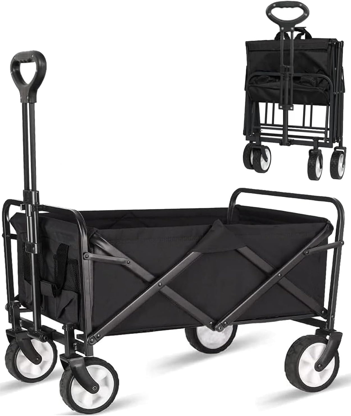 Collapsible Foldable Wagon, Beach Cart Large Capacity, Heavy Duty Folding Wagon Portable, Collapsible Wagon for Sports, Shopping, Camping (Black) iHomey