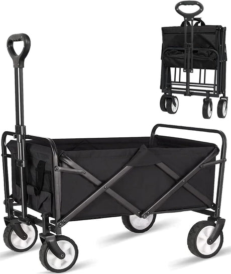 Collapsible Foldable Wagon, Beach Cart Large Capacity, Heavy Duty Folding Wagon Portable, Collapsible Wagon for Sports, Shopping, Camping (Black) iHomey