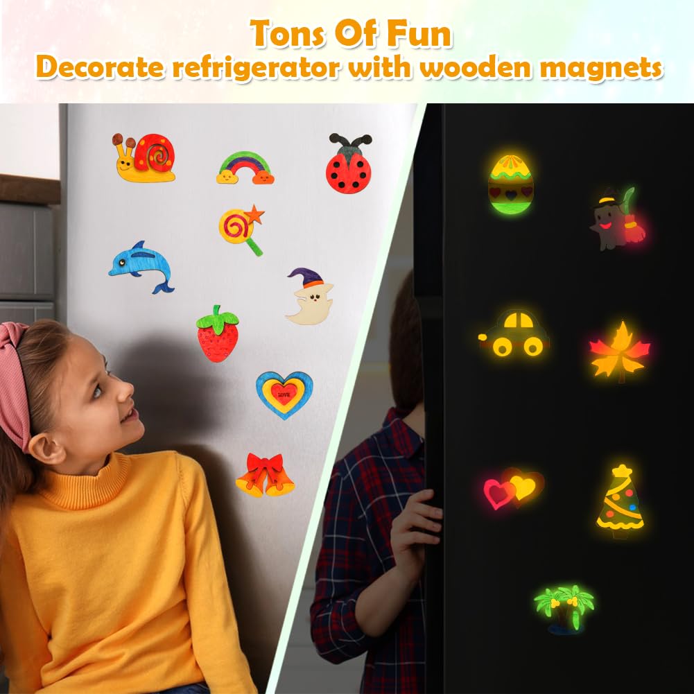 Worgree 48 Pcs DIY Wooden Magnets, Wooden Art Craft Supplies Painting Kit for Kids Ages 4-8 8-12 Glow in The Dark Party Favors Goodie Bag Stuffers Birthday Gifts Toys for Boys Girls