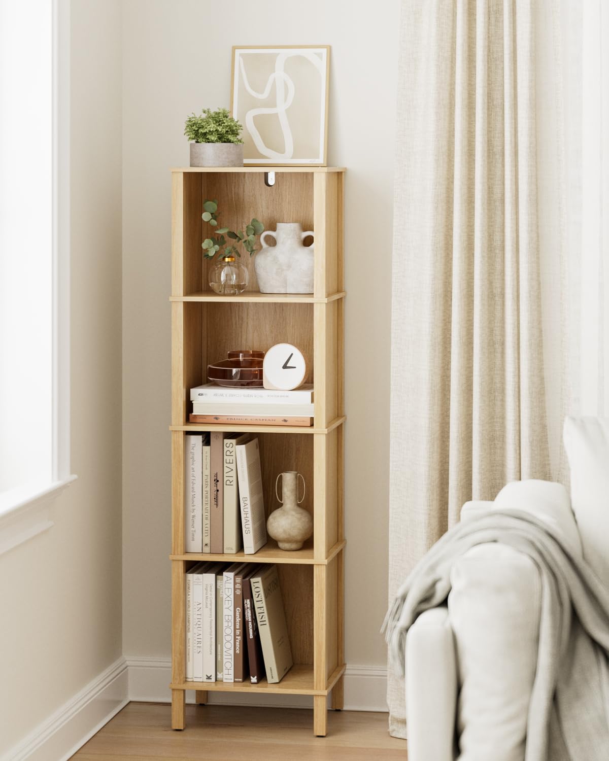 Apetaccat Book Shelf, Modern 4-Tier Bookcase, Open Storage Bookshelf, 11 × 14.2 × 50.4 Inches, Small Narrow Bookshelves for Living Room, Home Office, Bedroom, Natural Apetaccat