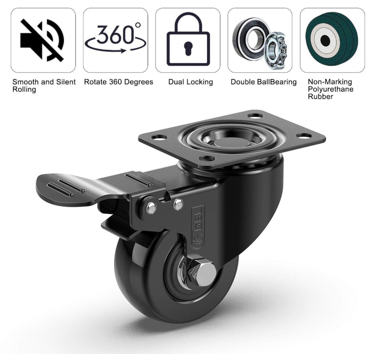 GBL 2" Heavy Duty Caster Wheels with Brakes + Screws - up to 440Lbs - Set of 4 No Floor Marks Silent Castor for Furniture - Rubbered Trolley or Pallet Swivel Wheels - Black Casters GBL