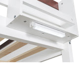 Merax Queen Over Queen Bunk Bed with Built-in Shelves for Teens Adults, Wood Bunk Bed with Light, USB Charging Station, No Box Spring Needed, White Brown Merax